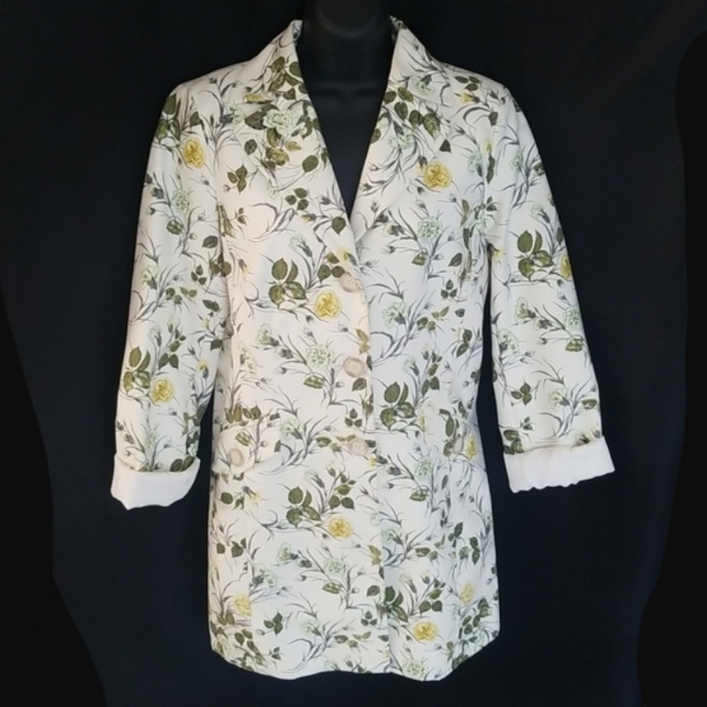 AnnTaylor Spring Pea Coat Jacket Cream with Green/Yellow Floral Size S